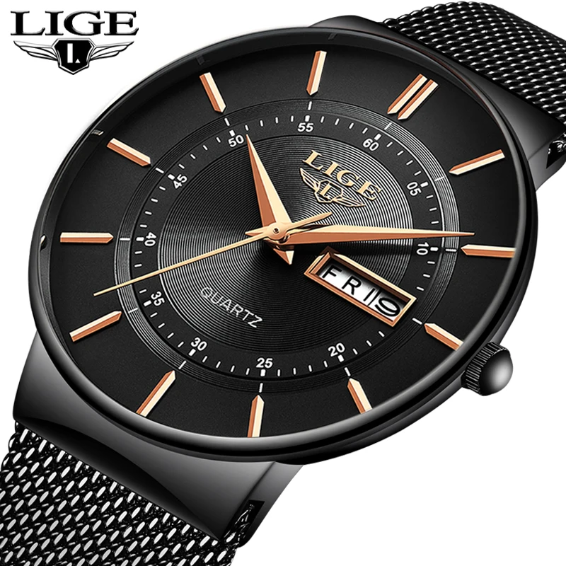 LIGE 9949 Shock Resistant Stainless Steel Men's Wrist Watches (Black)